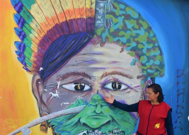 Woman explaining a mural